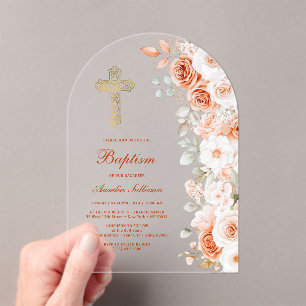 Terracotta and White Roses Arch Baptism Acrylic Invitations