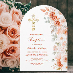 Terracotta and White Roses Arch Baptism Invitation