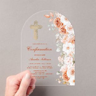 Terracotta and White Roses Arch Confirmation Acrylic Invitations