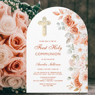 Terracotta and White Roses Arch First Communion Invitation