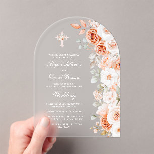 Terracotta and White Roses Arch Wedding Acrylic Invitations