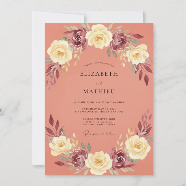 Terracotta Antique Rose Wreath Wedding Invitation (Front)