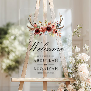 Terracotta Antlers Floral Wedding Welcome Acrylic Sign