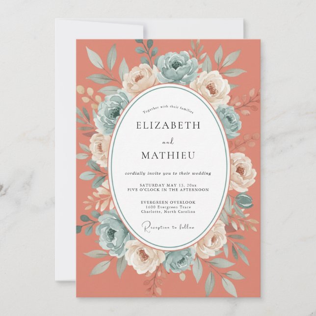 Terracotta Aqua Botanical Wedding Invitation (Front)