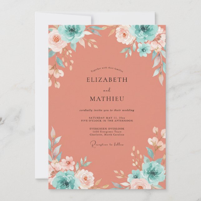 Terracotta Aqua Petal Wedding Invitation (Front)