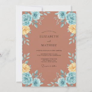 Terracotta Aqua Ranunculus Eucalyptus Wedding Invitation
