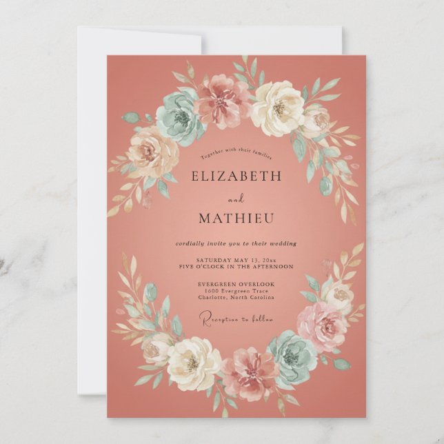 Terracotta Aqua Wreath Wedding Invitation (Front)