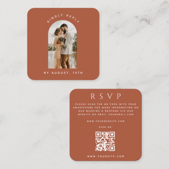 Terracotta Arch Couple Photo QR Code Wedding RSVP Enclosure Card (Front/Back)