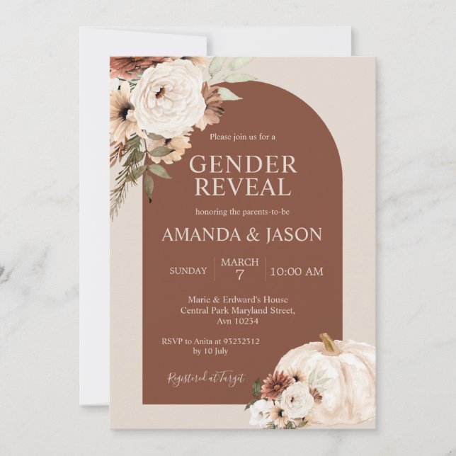 Terracotta Arch Floral Pumpkin Baby Gender Reveal  Invitation (Front)