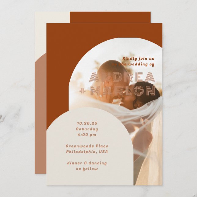 Terracotta Arch Groovy Retro Wedding Photo Overlay Invitation (Front/Back)