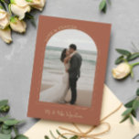 Terracotta Arch Wedding Photo Love & Thanks Thank You Card<br><div class="desc">Beautiful and elegant photo thank you card to send to your wedding guests in terracotta and tan. Double sided wedding thank you card with two photos, one in an arch shaped frame with LOVE & THANKS written in a curve. Terracotta wedding thank you card with your names in a modern...</div>