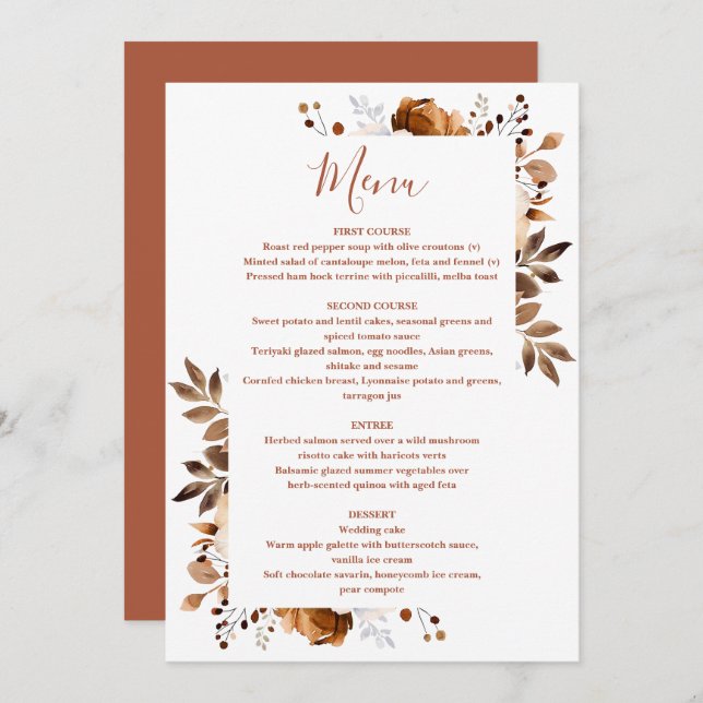 Terracotta Autumn Fall Country Floral Wedding Menu (Front/Back)