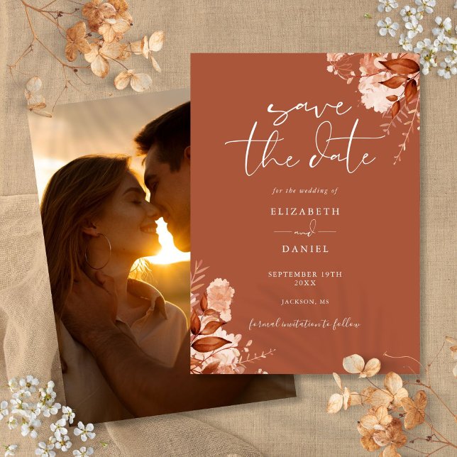 Terracotta Autumn Fall Rustic Floral Photo Wedding Save The Date (Terracotta Autumn Fall Rustic Floral Photo Wedding Save The Date)