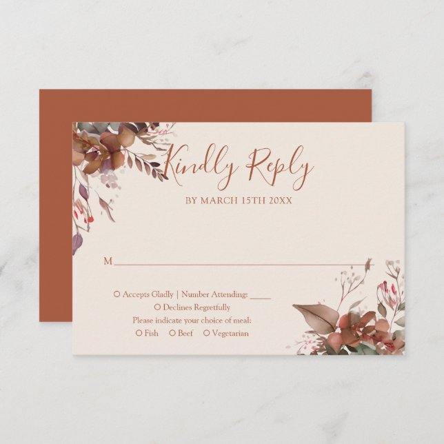 Terracotta Autumn Fall Rustic Floral Wedding RSVP Card (Front/Back)