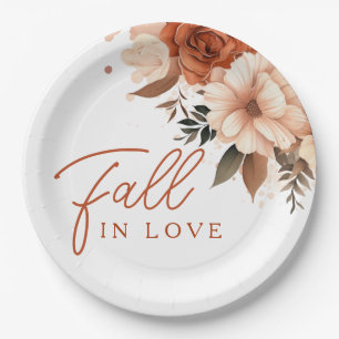 Terracotta Autumn Floral Fall in Love Bridal Paper Plate