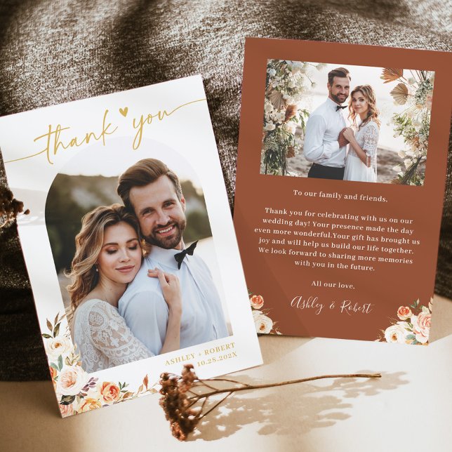 Terracotta Autumn Floral Modern Arch Wedding Photo Thank You Card (Creator Uploaded)
