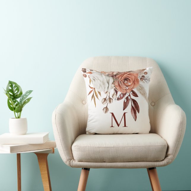 Terracotta Autumn Florals Monogram Initial Cushion (Chair)