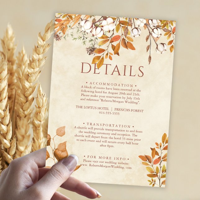 Terracotta Autumn Leaves Boho Fall Wedding Details Enclosure Card (Creator Uploaded)