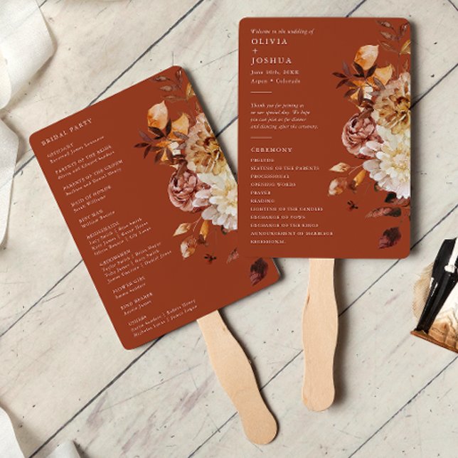 Terracotta Autumn Leaves Wedding Program Hand Fan (Terracotta Autumn Leaves Wedding Program Hand Fan by Painted Paperie
)