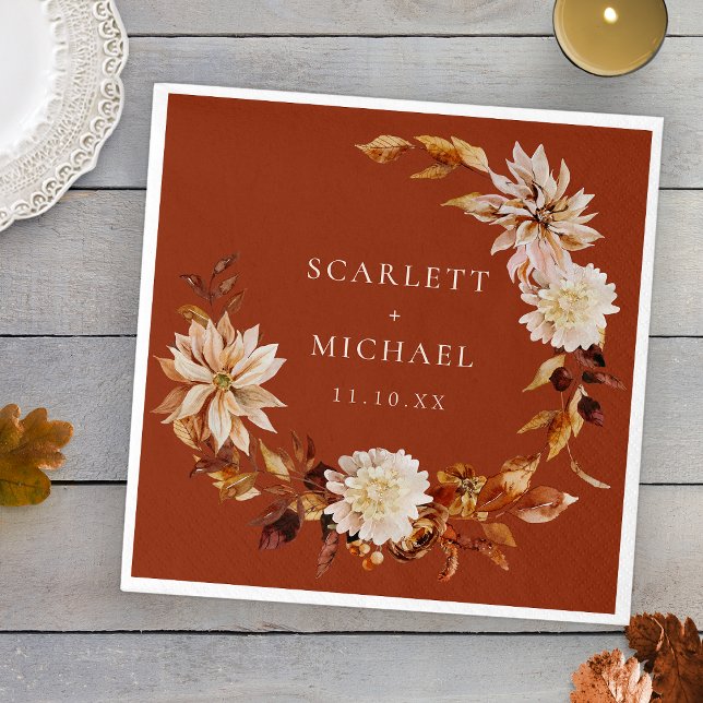 Terracotta Autumn Wedding Napkin (Terracotta Copper Tone Autumn Floral Wedding Napkins by Painted Paperie
)