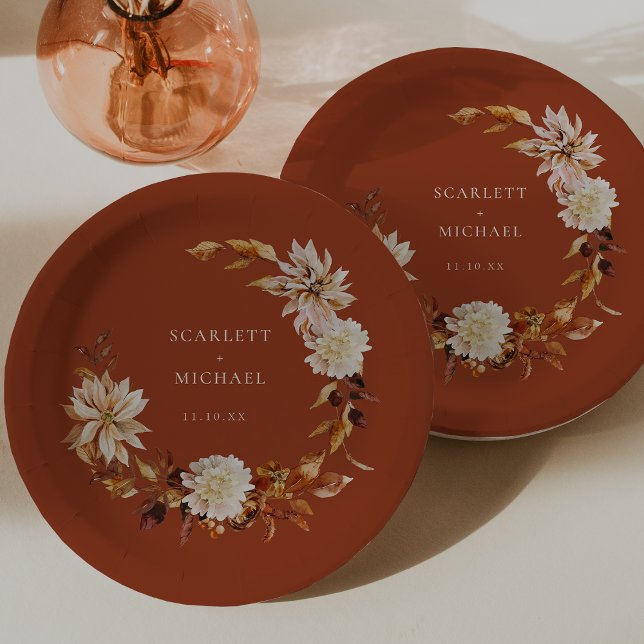 Terracotta Autumn Wedding Paper Plate (Terracotta Autumn Floral Table Decor Round Wedding Paper Plates by Painted Paperie
)