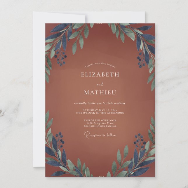 Terracotta Azure Leaf Wedding Invitation (Front)