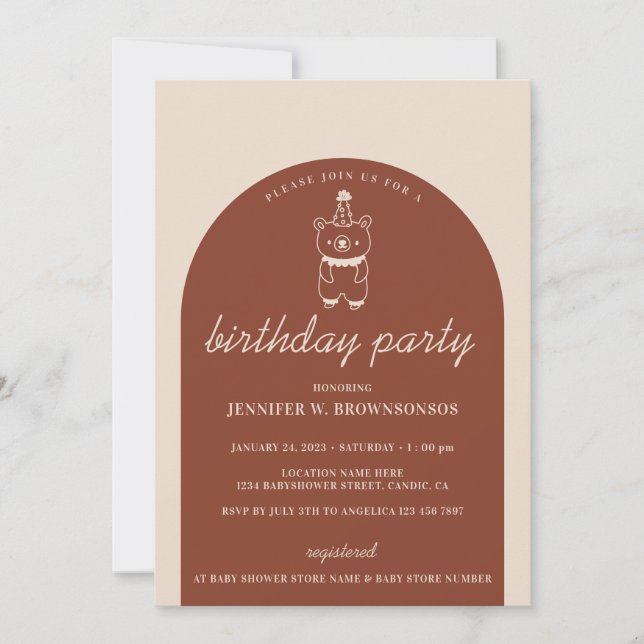Terracotta Bear Party Hat Birthday Invitation (Front)