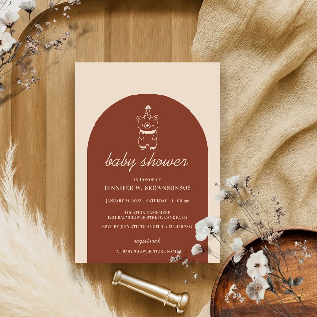 Terracotta Bear with Party Hat Baby Shower Invitation (Creator Uploaded)
