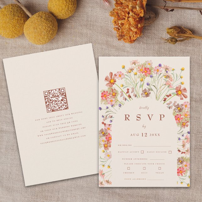 Terracotta & Beige Boho Fall Floral QR Code RSVP Card (Boho fall rustic wildflower floral arch terracotta burnt orange beige wedding rsvp qr code card)