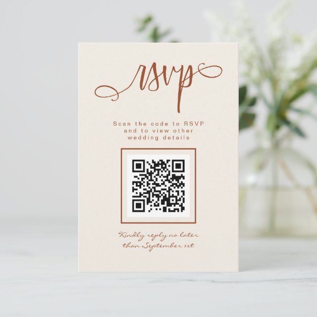 Terracotta Beige Handwritten Script Simple QR Code RSVP Card (Standing Front)