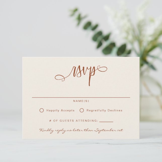 Terracotta Beige Handwritten Script Simple RSVP Card (Standing Front)