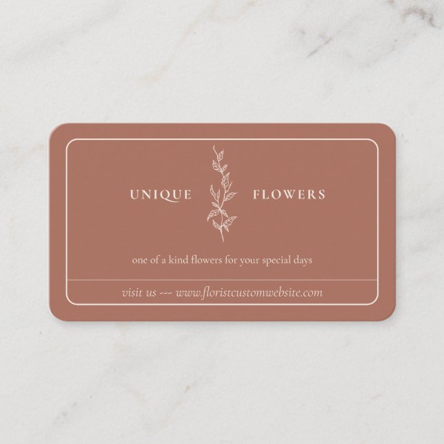 Terracotta Beige Minimal Framed Line Flower Business Card (Front)