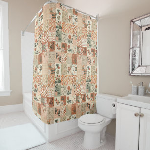Terracotta Beige Patchwork Quilt Rustic Floral  Shower Curtain