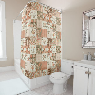 Terracotta Beige Patchwork Quilt Rustic Floral  Shower Curtain