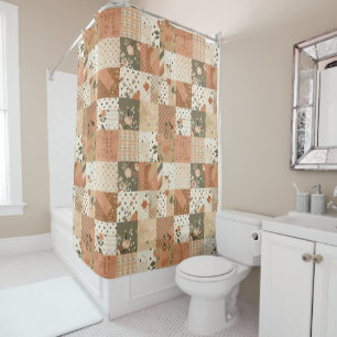 Terracotta Beige Patchwork Quilt Rustic Floral  Shower Curtain