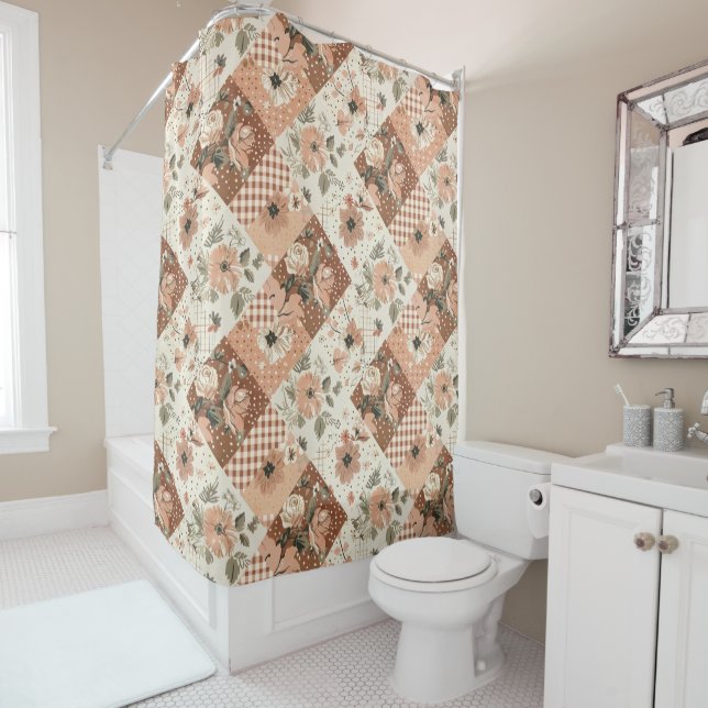 Terracotta Beige Patchwork Quilt Rustic Floral  Shower Curtain (In Situ)