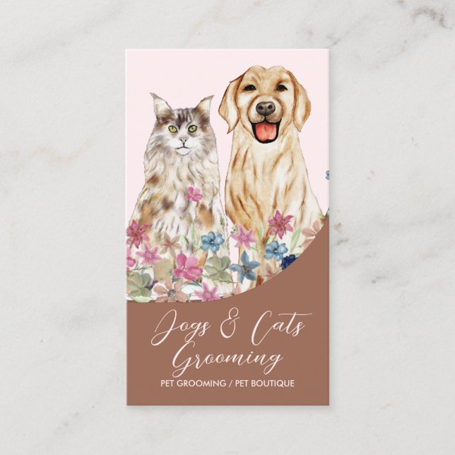 Terracotta Beige Watercolor Dogs Cats Pet Groomer Business Card (Front)