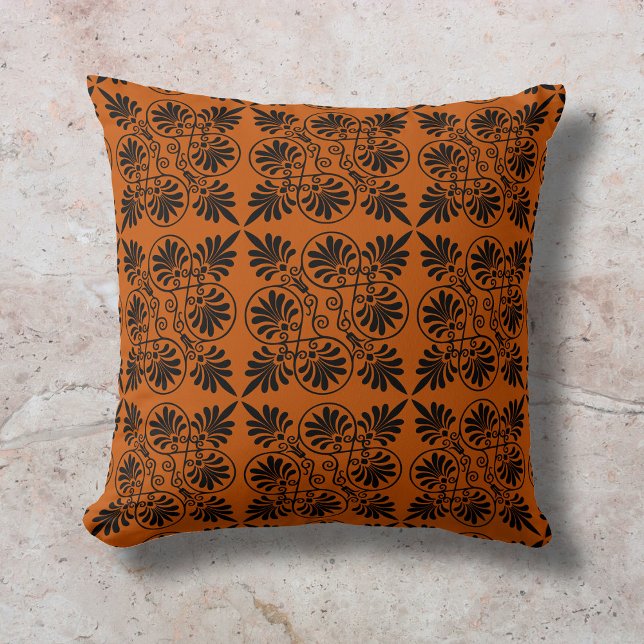 Terracotta Black Ancient Greek Meander Pattern Cushion (Creator Uploaded)