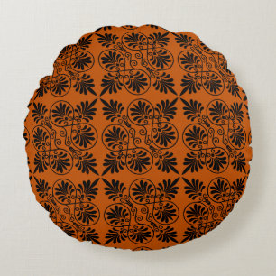 Terracotta Black Ancient Greek Meander Pattern Round Cushion