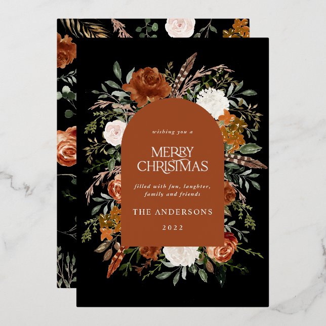 Terracotta black floral arch modern Christmas Foil Foil Holiday Card (Front/Back)