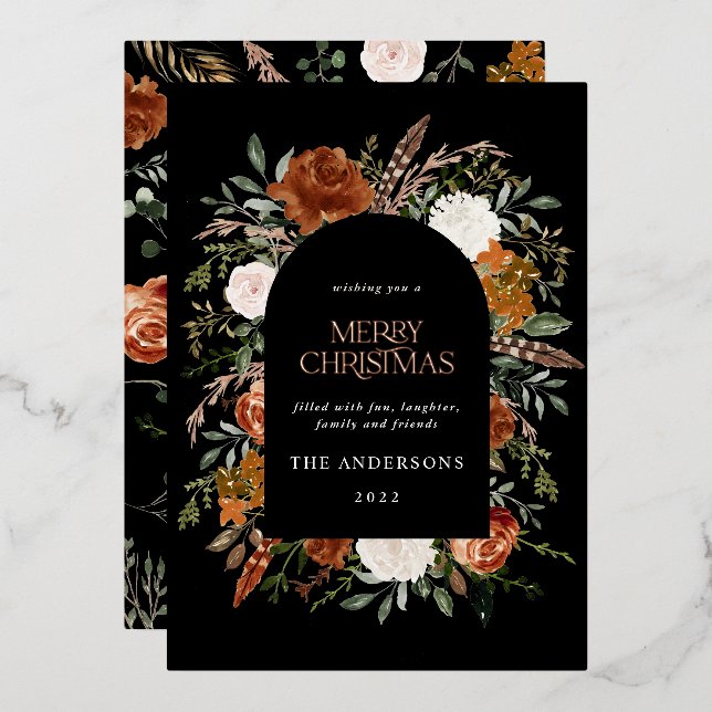 Terracotta black floral arch modern Christmas Foil Holiday Card (Front/Back)