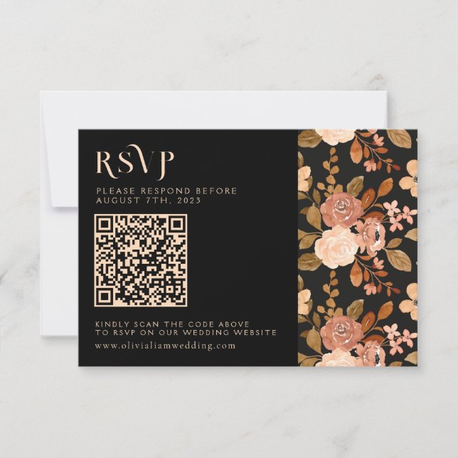 Terracotta Black Floral Autumn QR Code Wedding  RSVP Card (Front)