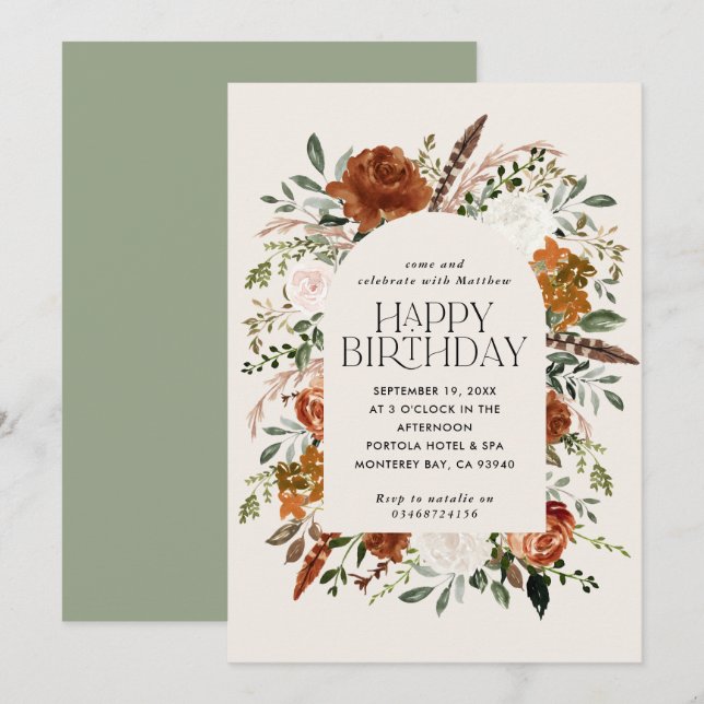 Terracotta black floral botanical birthday modern invitation (Front/Back)