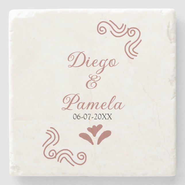 Terracotta black rustic spanish wedding couple en stone coaster (Front)