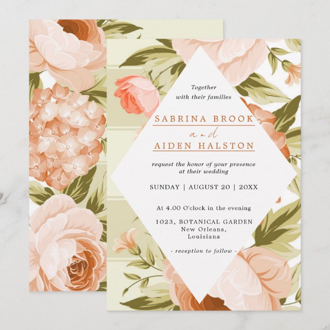Terracotta Blooming Rose Hydrangea Floral Wedding Invitation (Front/Back)