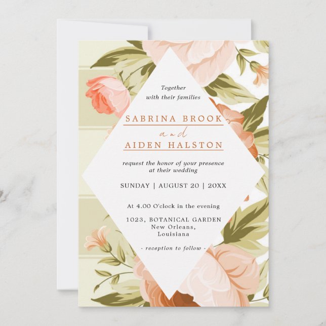 Terracotta Blooming Rose Hydrangea Floral Wedding Invitation (Front)