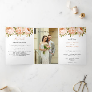 Terracotta Blooming Rose Hydrangea Floral Wedding Tri-Fold Announcement