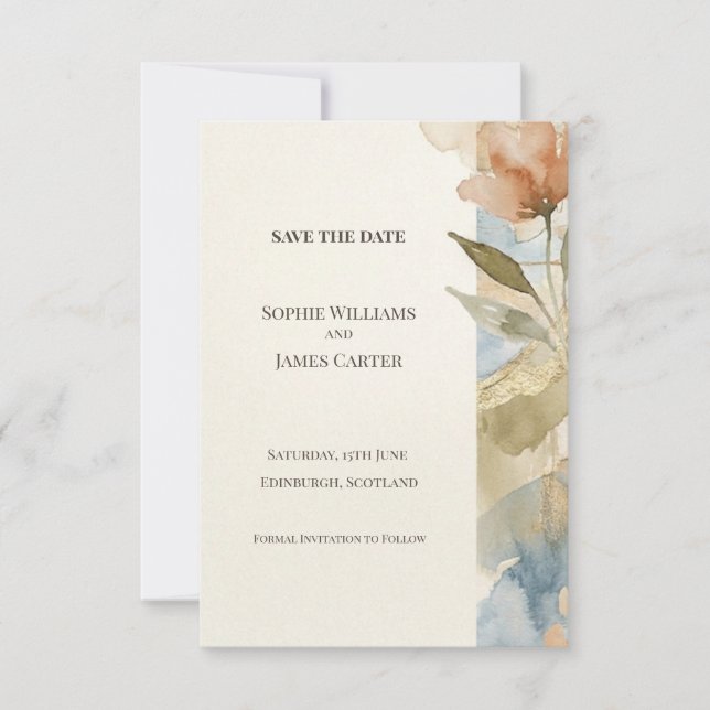 Terracotta Blue Botanical Save The Date Card (Front)