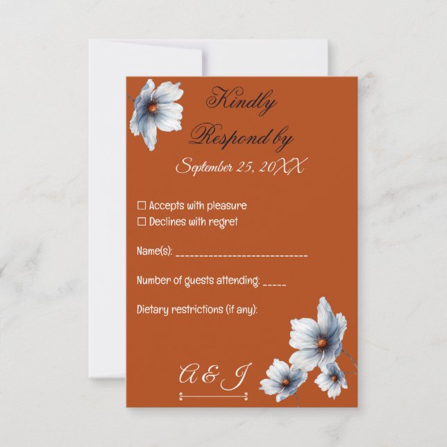 Terracotta Blue Floral Chic Anemone Autumn Wedding RSVP Card (Front)