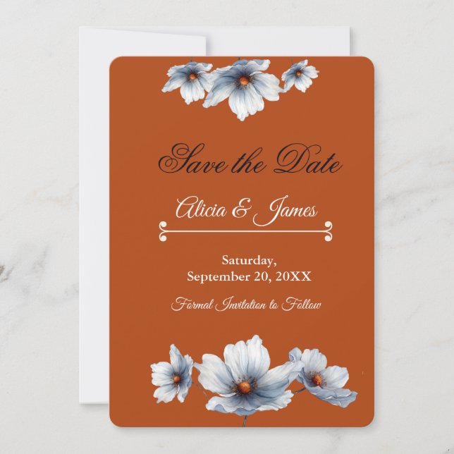 Terracotta Blue Floral Chic Anemone Autumn Wedding Save The Date (Front)